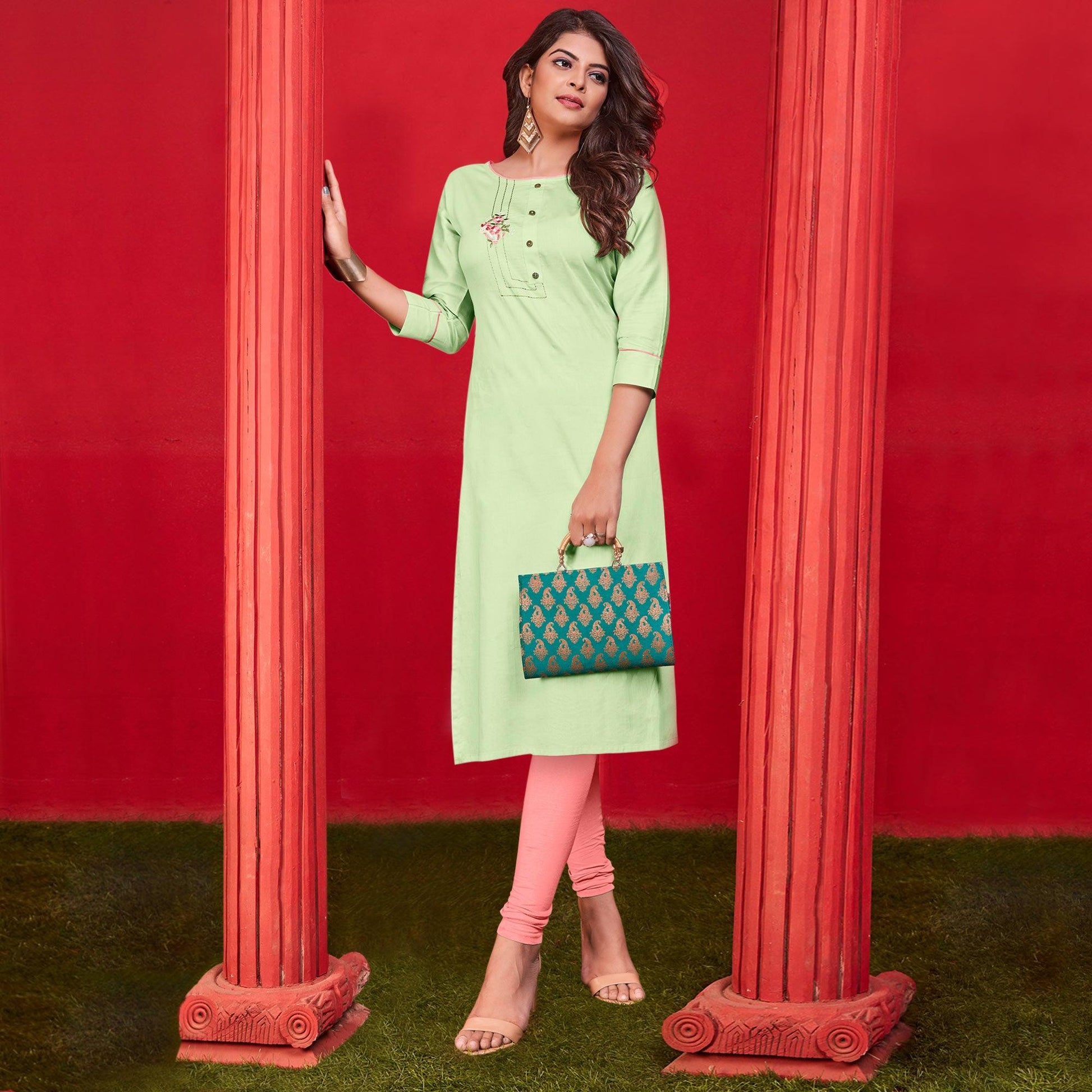 Light Green Casual Wear Floral Embroidered Cotton Kurti