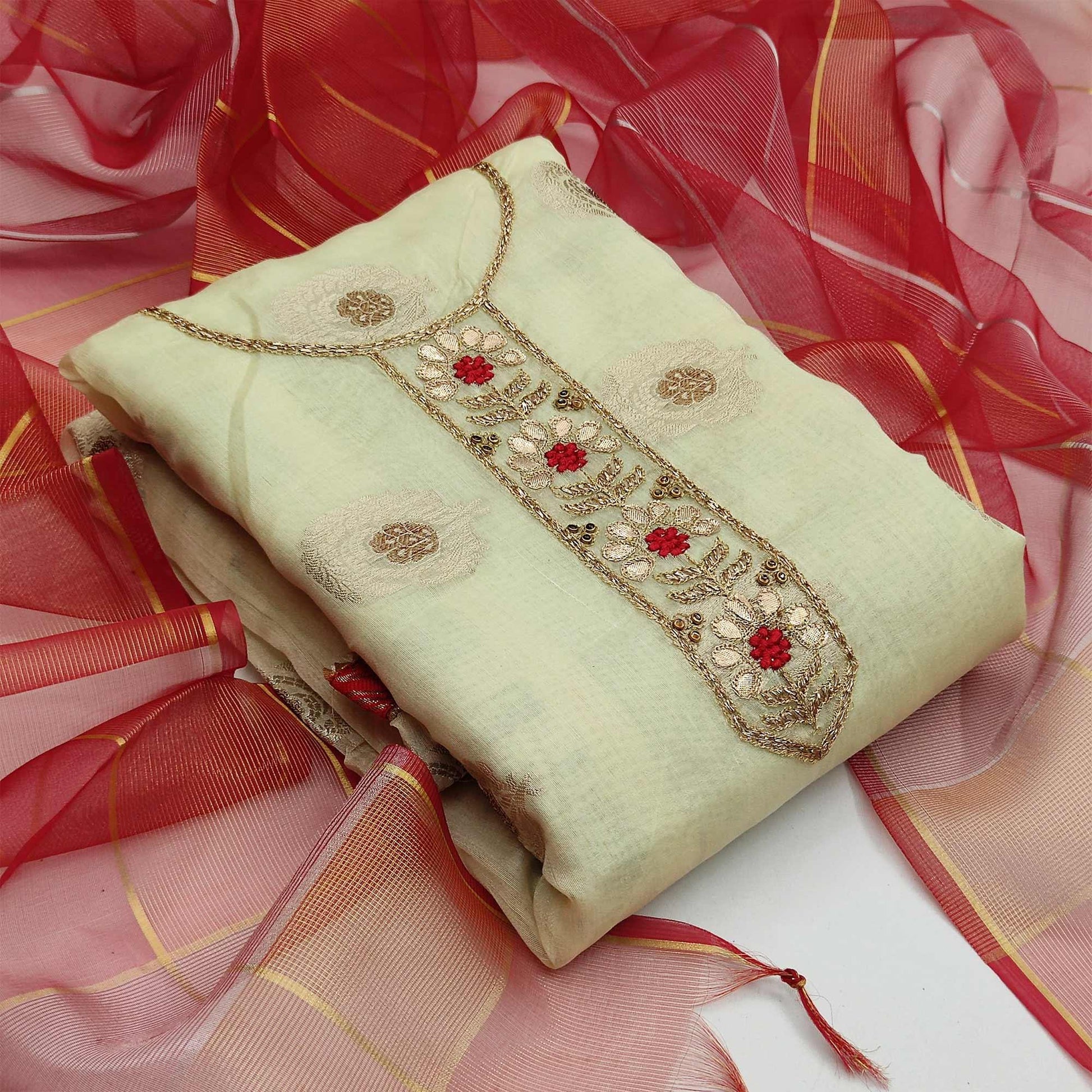 Light Green Casual Wear Floral Embroidery Modal Chanderi Jacquard Dress Material
