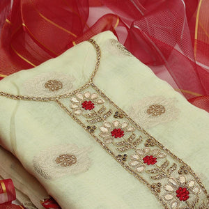 Light Green Casual Wear Floral Embroidery Modal Chanderi Jacquard Dress Material