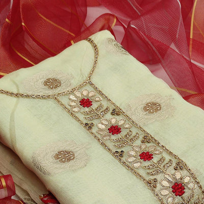 Light Green Casual Wear Floral Embroidery Modal Chanderi Jacquard Dress Material