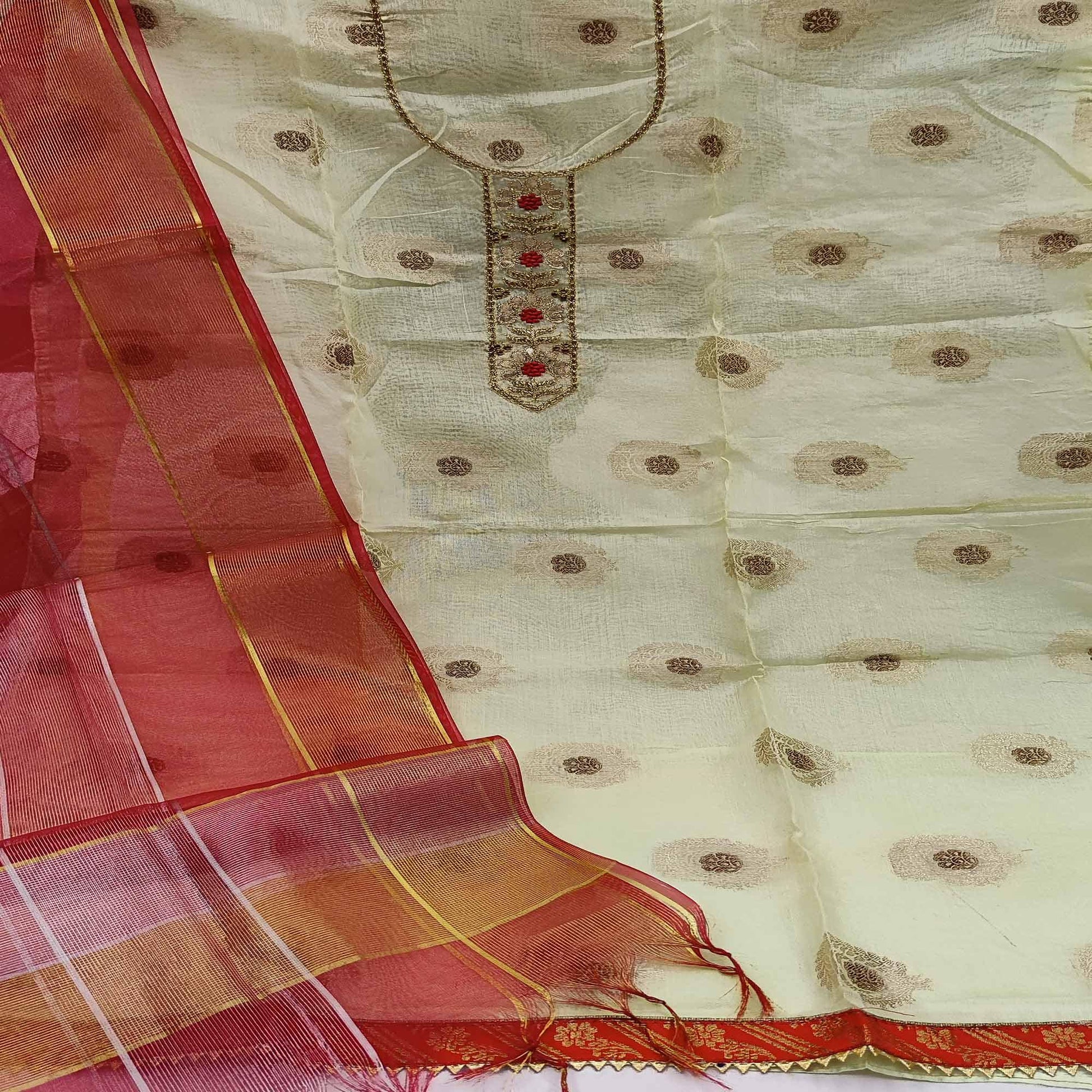 Light Green Casual Wear Floral Embroidery Modal Chanderi Jacquard Dress Material