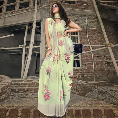 Light Green Casual Wear Floral Printed Georgette Saree