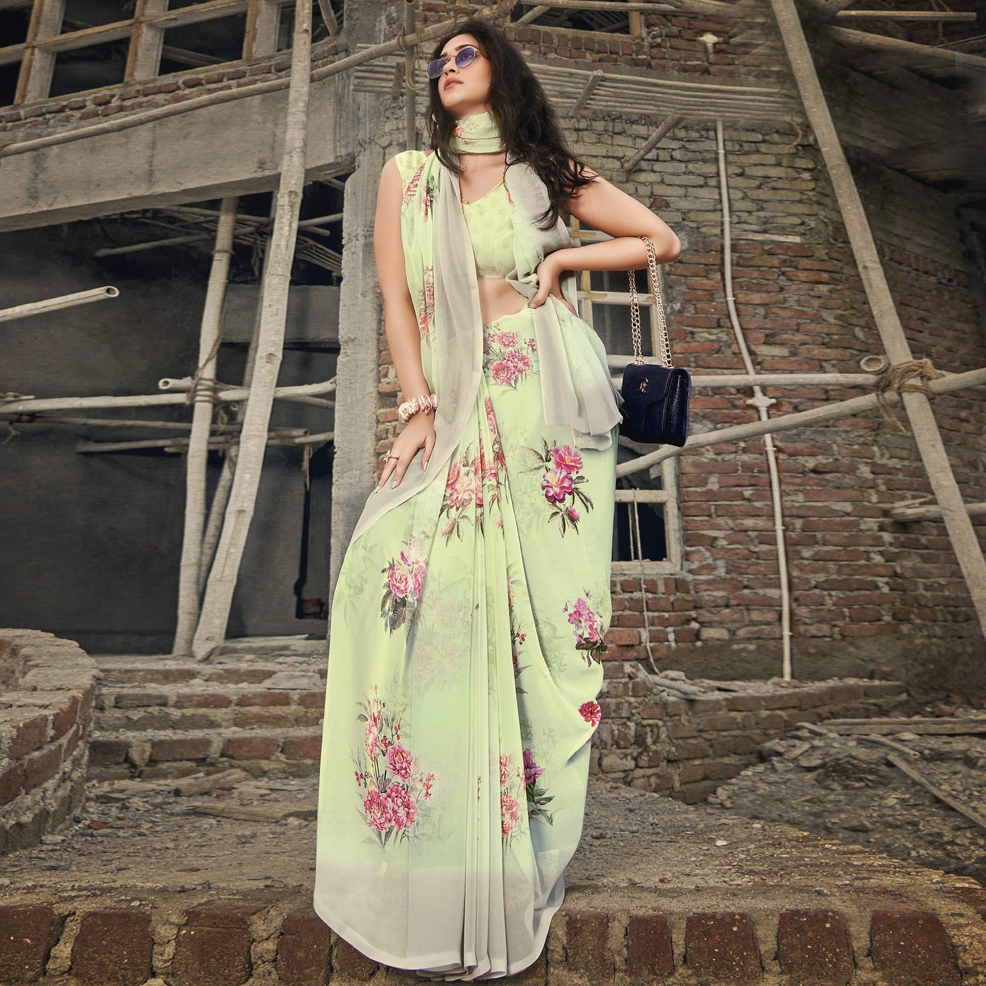 Light Green Casual Wear Floral Printed Georgette Saree