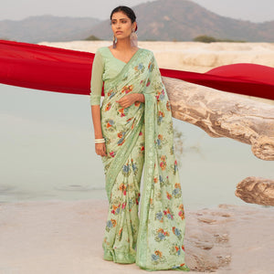 Light Green Casual Wear Floral Printed Georgette Saree