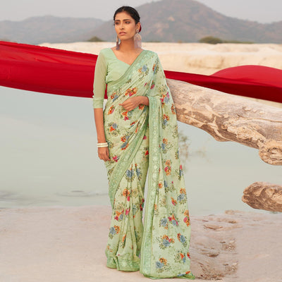 Light Green Casual Wear Floral Printed Georgette Saree