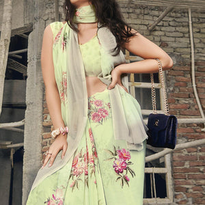 Light Green Casual Wear Floral Printed Georgette Saree