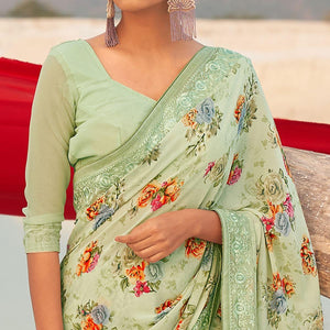 Light Green Casual Wear Floral Printed Georgette Saree