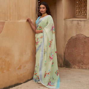 Light Green Casual Wear Floral Printed Zari Border Soft Linen Cotton Saree