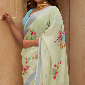 Light Green Casual Wear Floral Printed Zari Border Soft Linen Cotton Saree