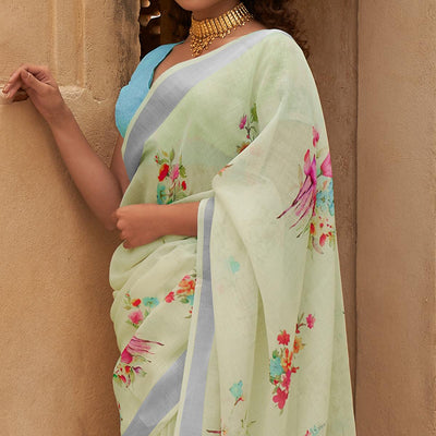 Light Green Casual Wear Floral Printed Zari Border Soft Linen Cotton Saree