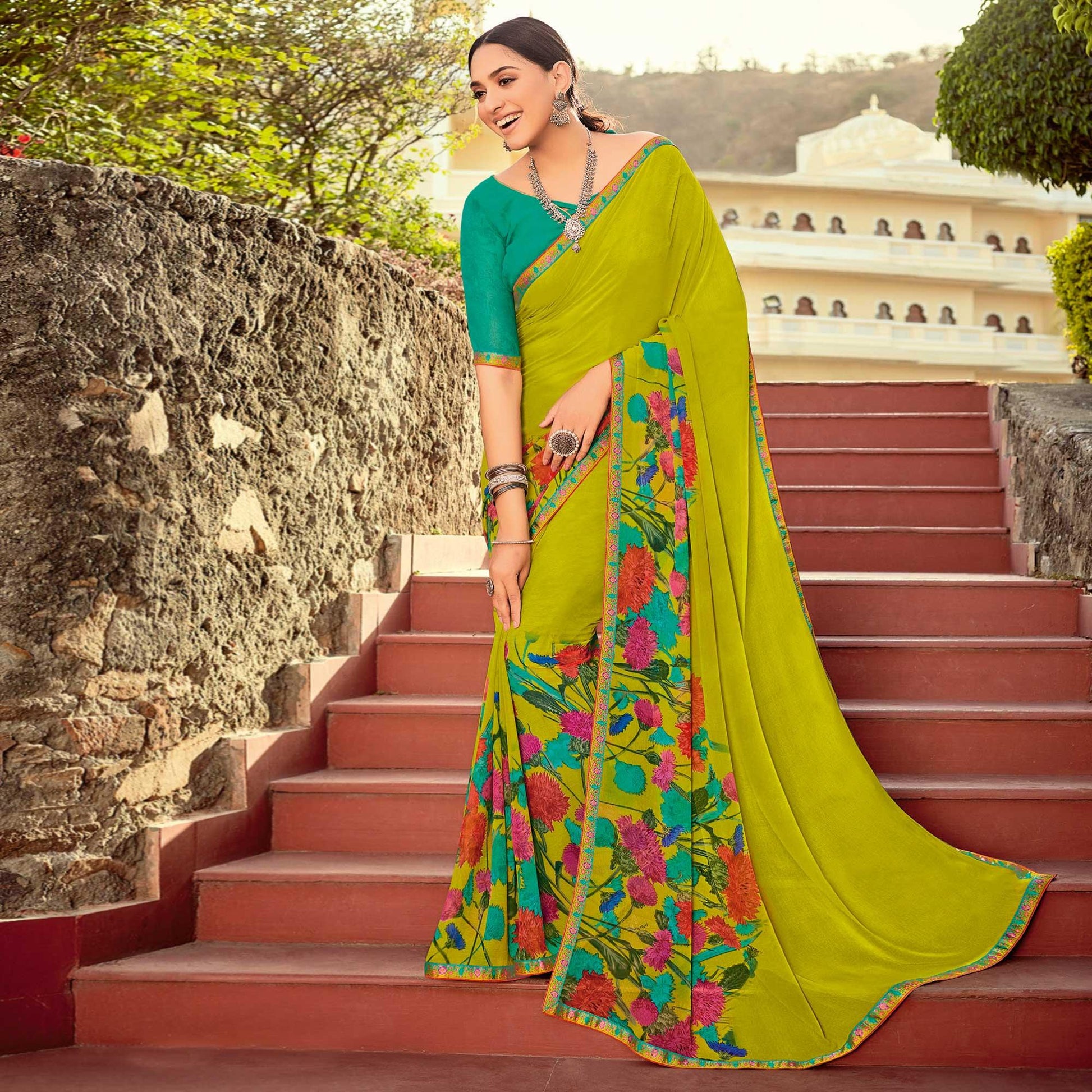 Light Green Casual Wear Printed Georgette Saree