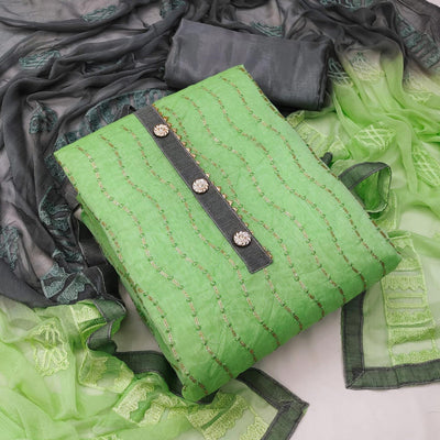 Light Green Casual Wear Sequins Embroidered Chanderi Dress Material