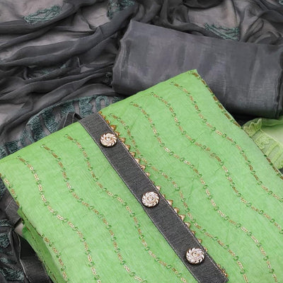 Light Green Casual Wear Sequins Embroidered Chanderi Dress Material