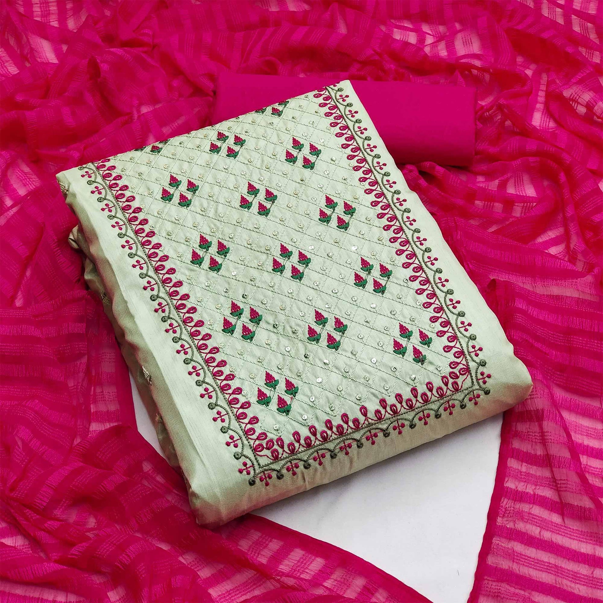 Light Green Casual Wear Sequins Embroidered Silk Dress Material
