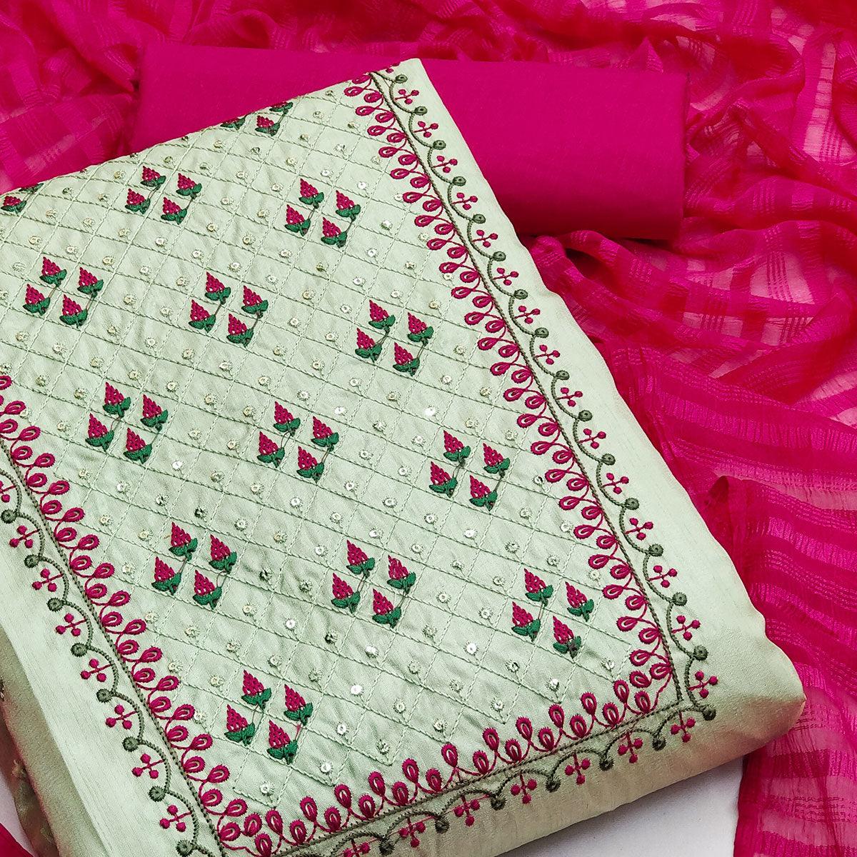 Light Green Casual Wear Sequins Embroidered Silk Dress Material