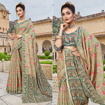 Light Green Digital Printed Linen Saree