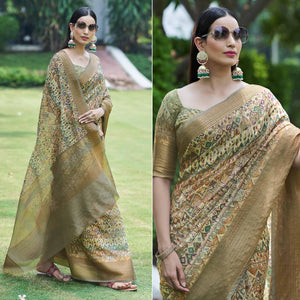 Light Green Digital Printed Linen Saree