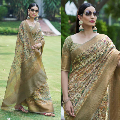 Light Green Digital Printed Linen Saree