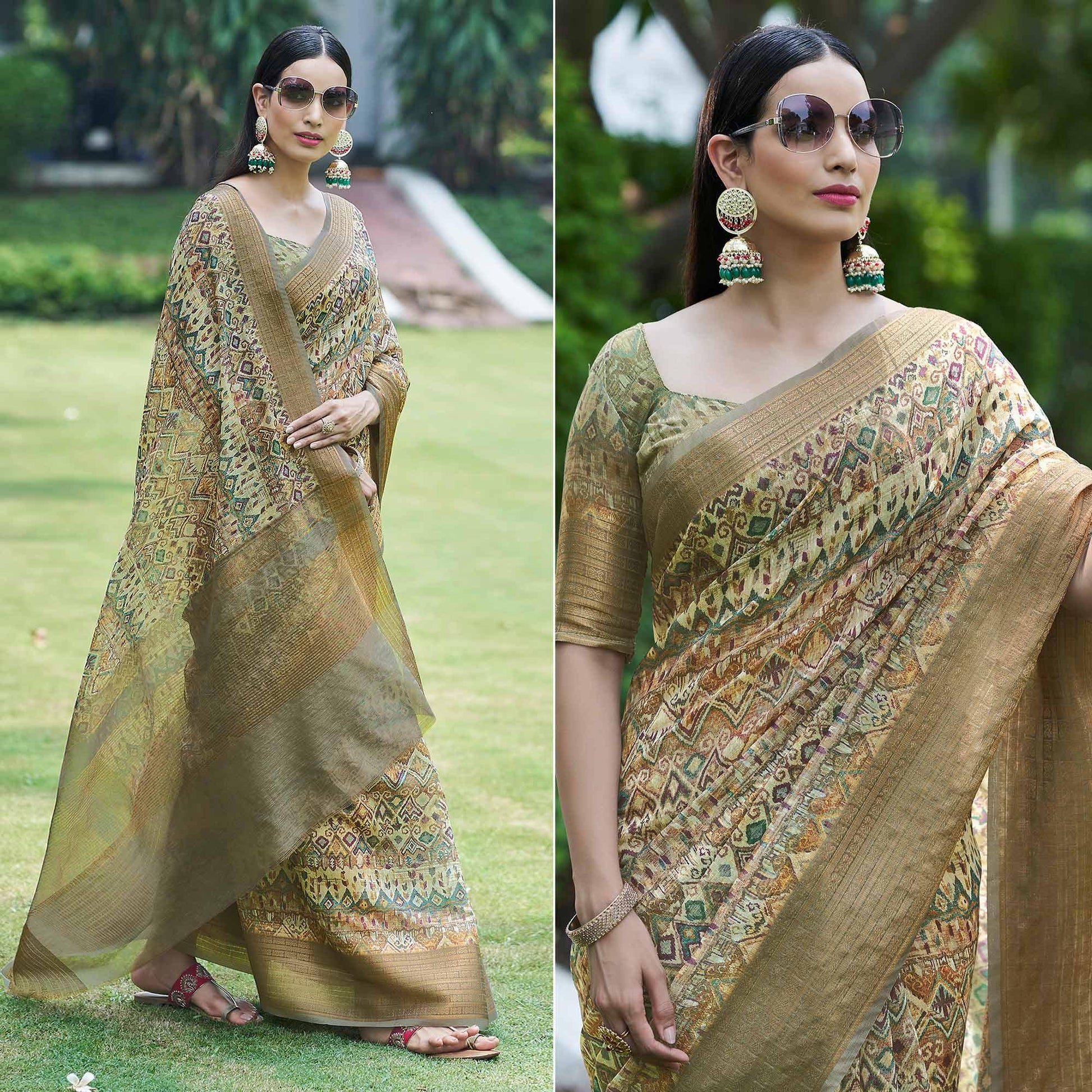 Light Green Digital Printed Linen Saree