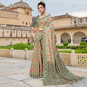 Light Green Digital Printed Linen Saree