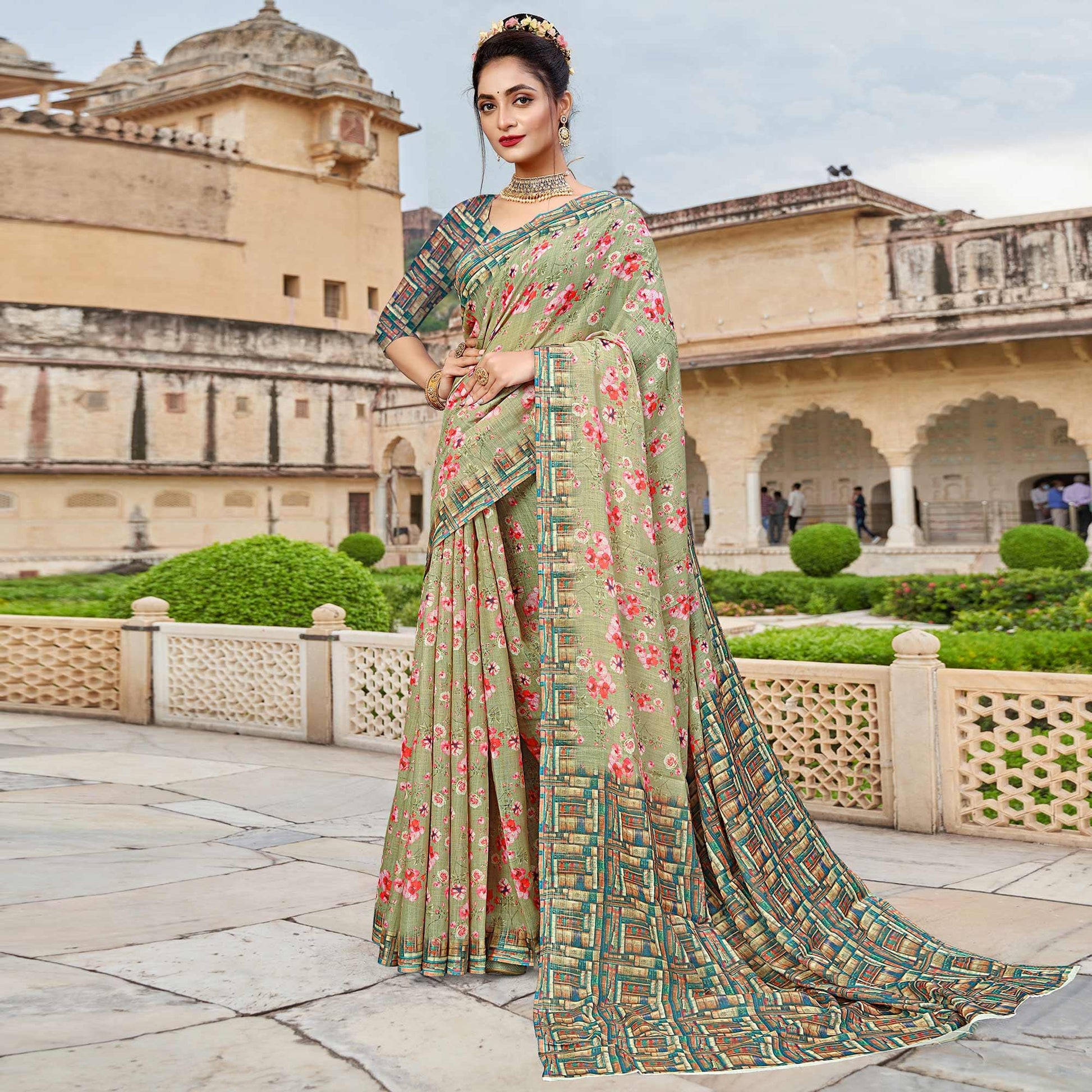 Light Green Digital Printed Linen Saree