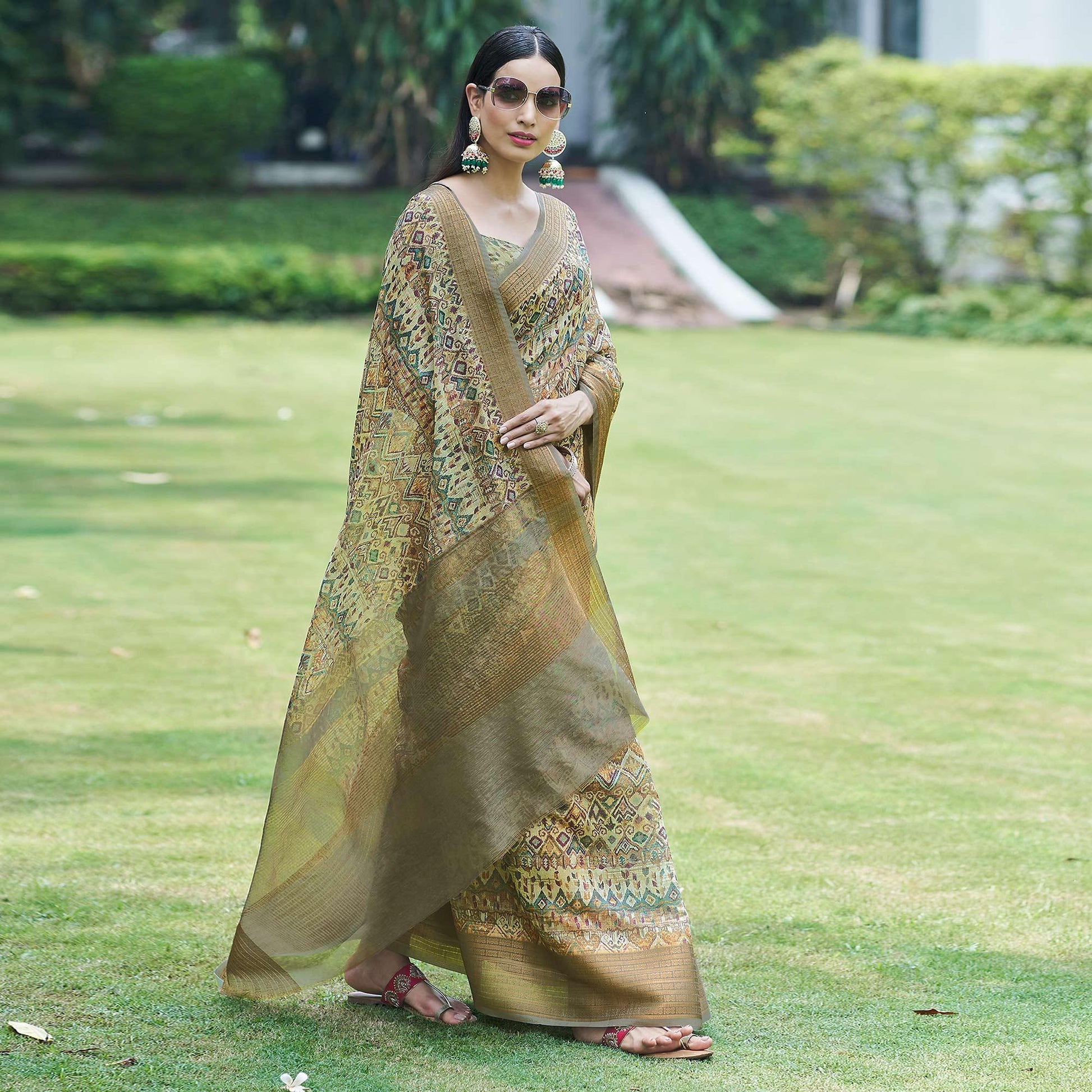 Light Green Digital Printed Linen Saree