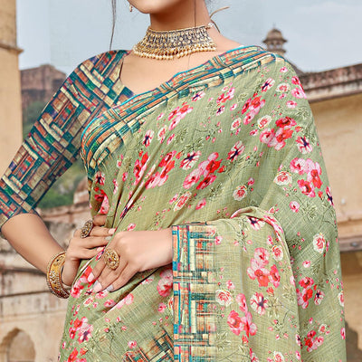 Light Green Digital Printed Linen Saree