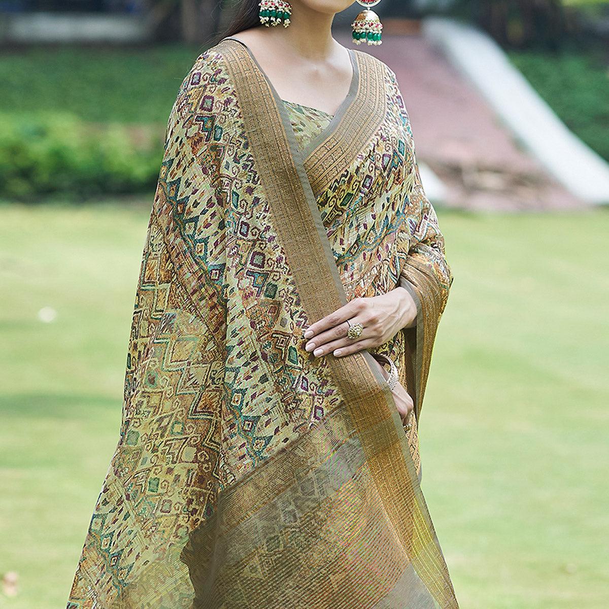 Light Green Digital Printed Linen Saree