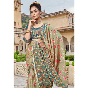 Light Green Digital Printed Linen Saree