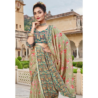 Light Green Digital Printed Linen Saree