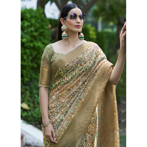 Light Green Digital Printed Linen Saree