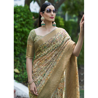 Light Green Digital Printed Linen Saree