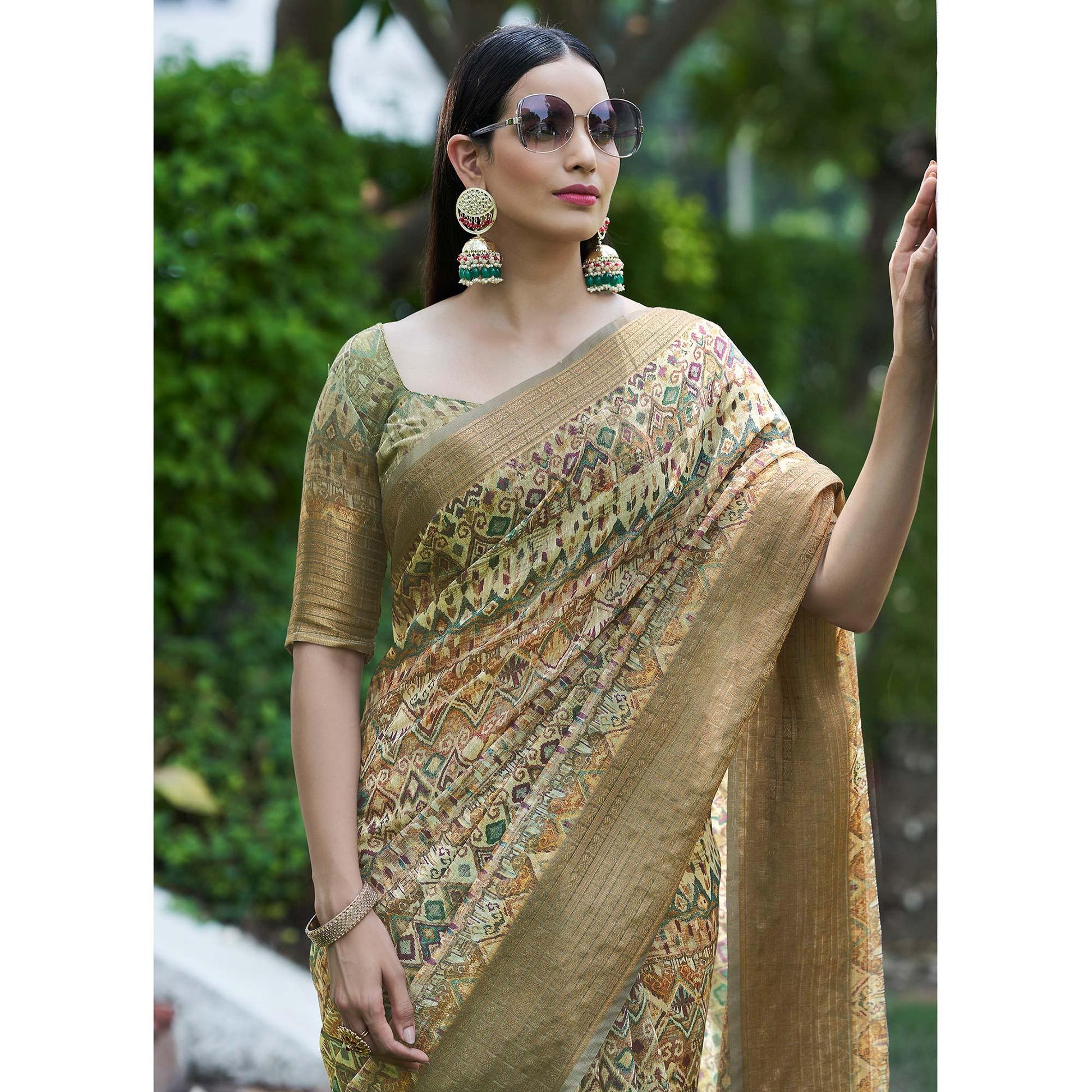 Light Green Digital Printed Linen Saree