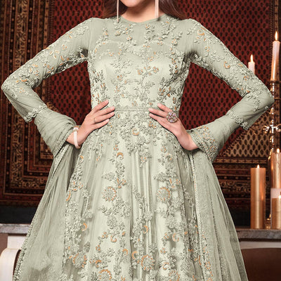 Light Green Embellished With Embroidered Net Anarkali Suit