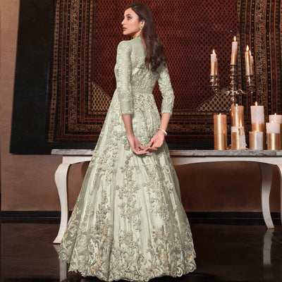 Light Green Embellished With Embroidered Net Anarkali Suit