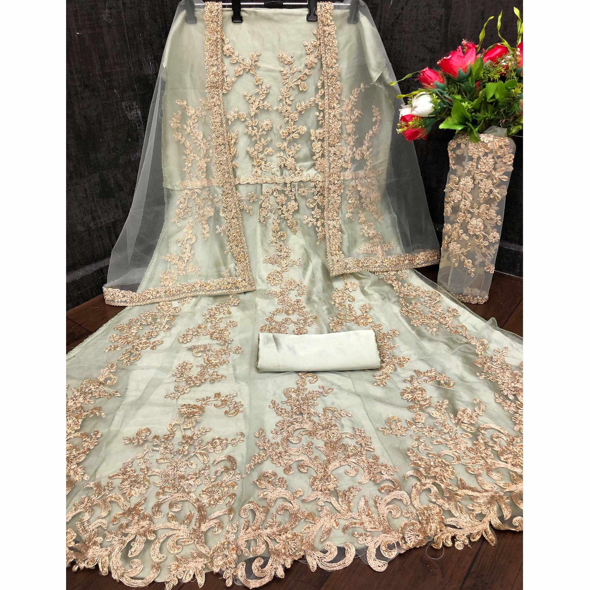 Light Green Embellished With Embroidered Net Anarkali Suit