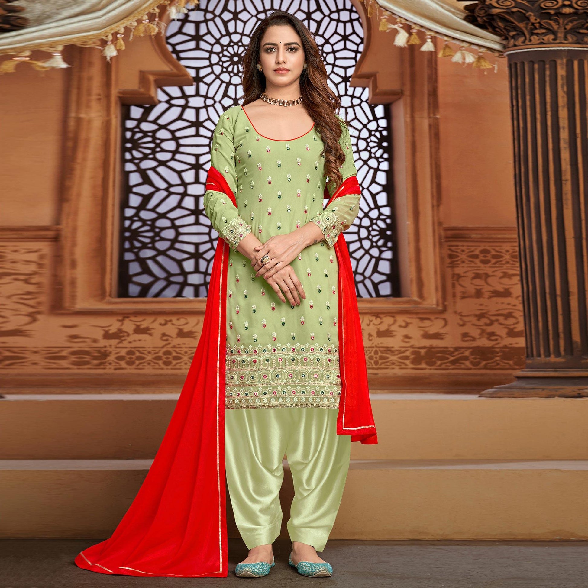 Light Green Embroidered Faux Georgette Partywear Patiyala Suit