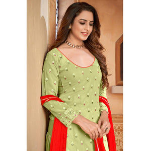 Light Green Embroidered Faux Georgette Partywear Patiyala Suit