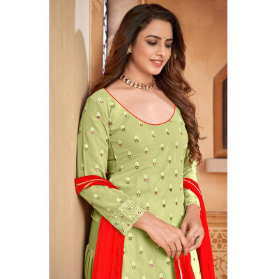 Light Green Embroidered Faux Georgette Partywear Patiyala Suit