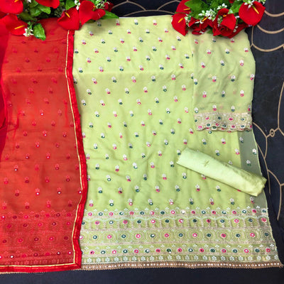 Light Green Embroidered Faux Georgette Partywear Patiyala Suit