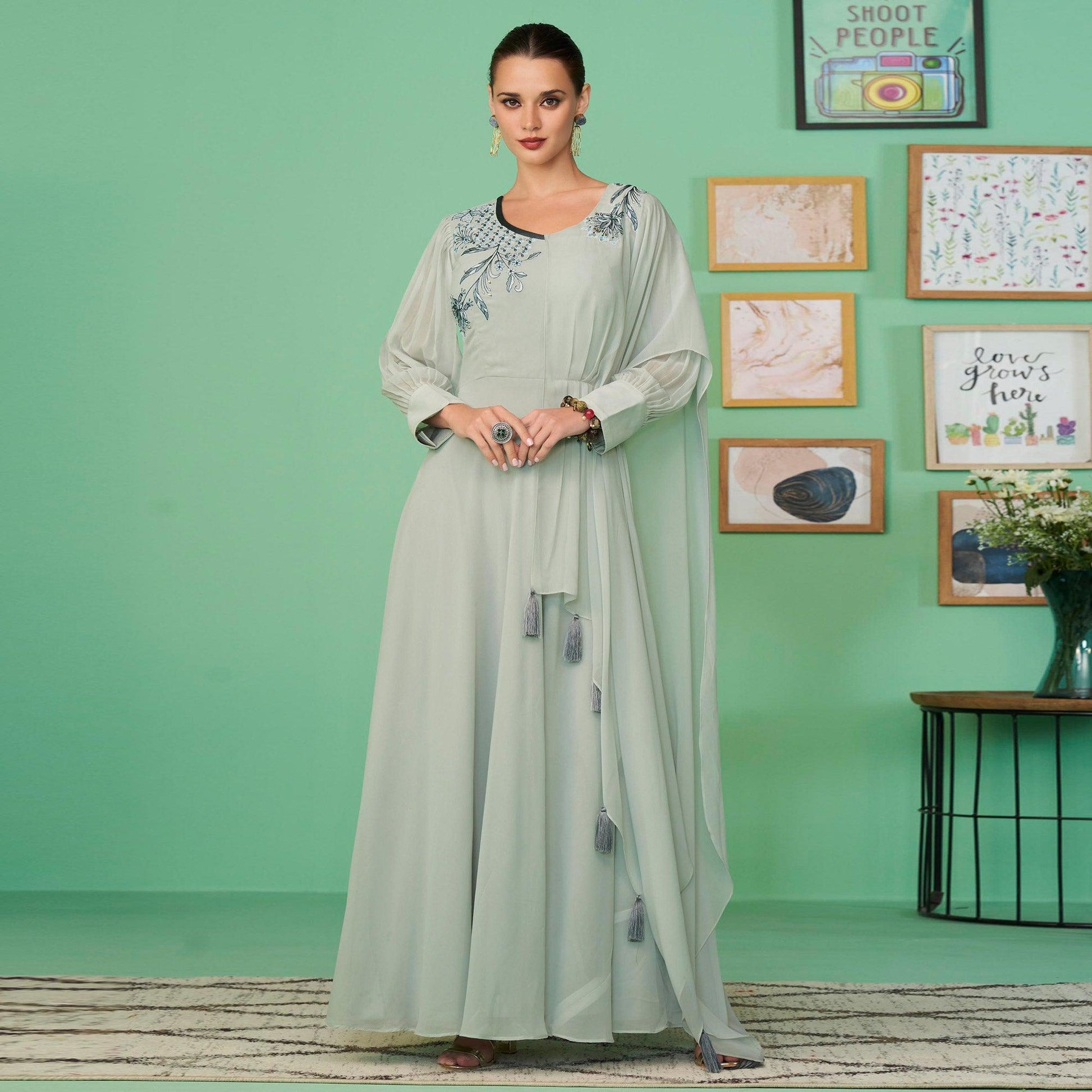 Light Green Embroidered Georgette Gown