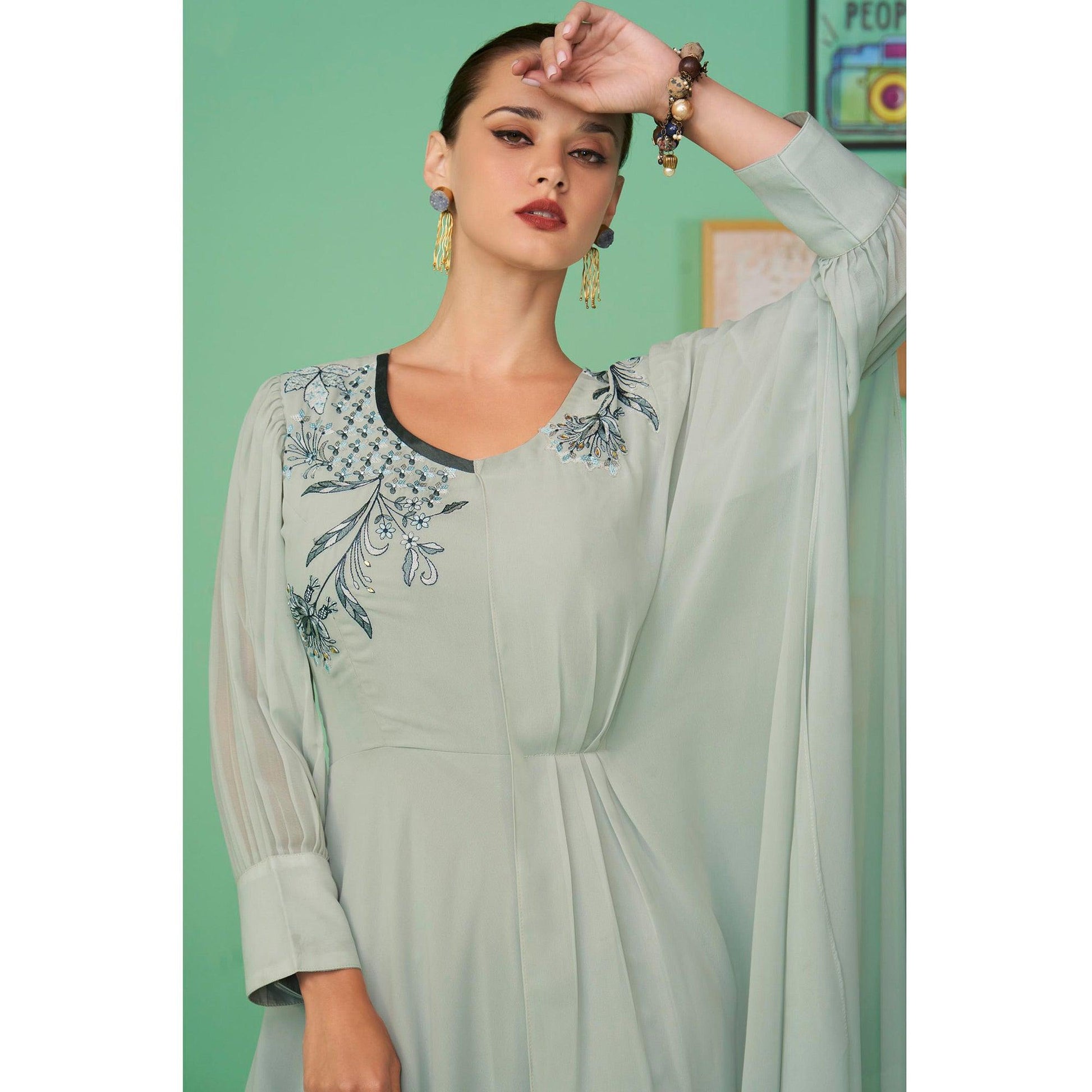 Light Green Embroidered Georgette Gown