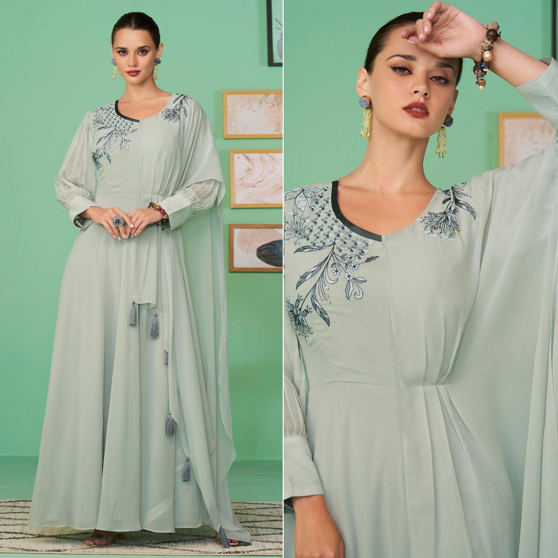 Light Green Embroidered Georgette Gown