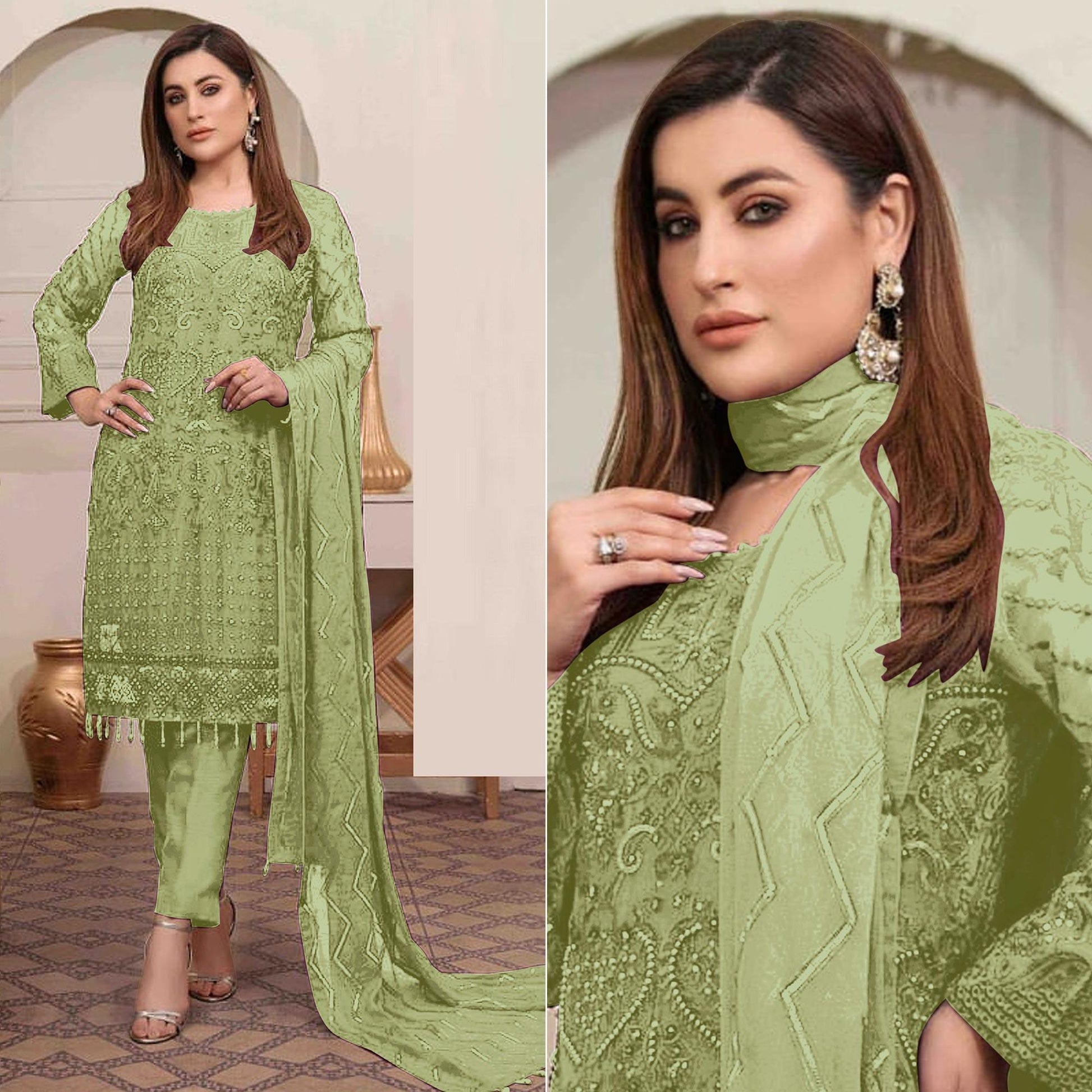 Light Green Embroidered Georgette Pakistani Suit