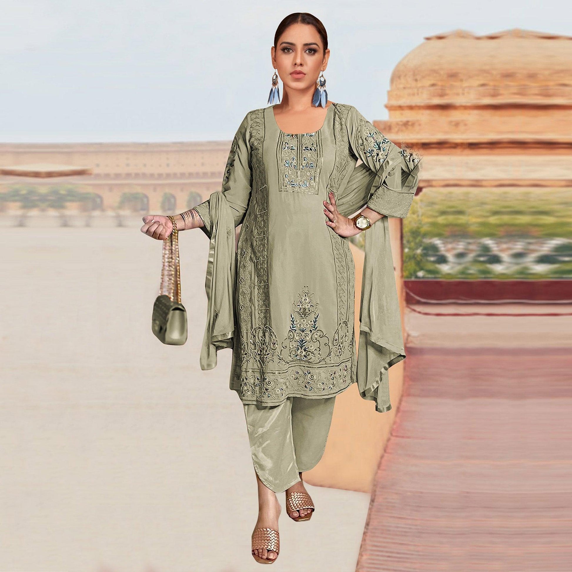 Light Green Embroidered Georgette Pakistani Suit