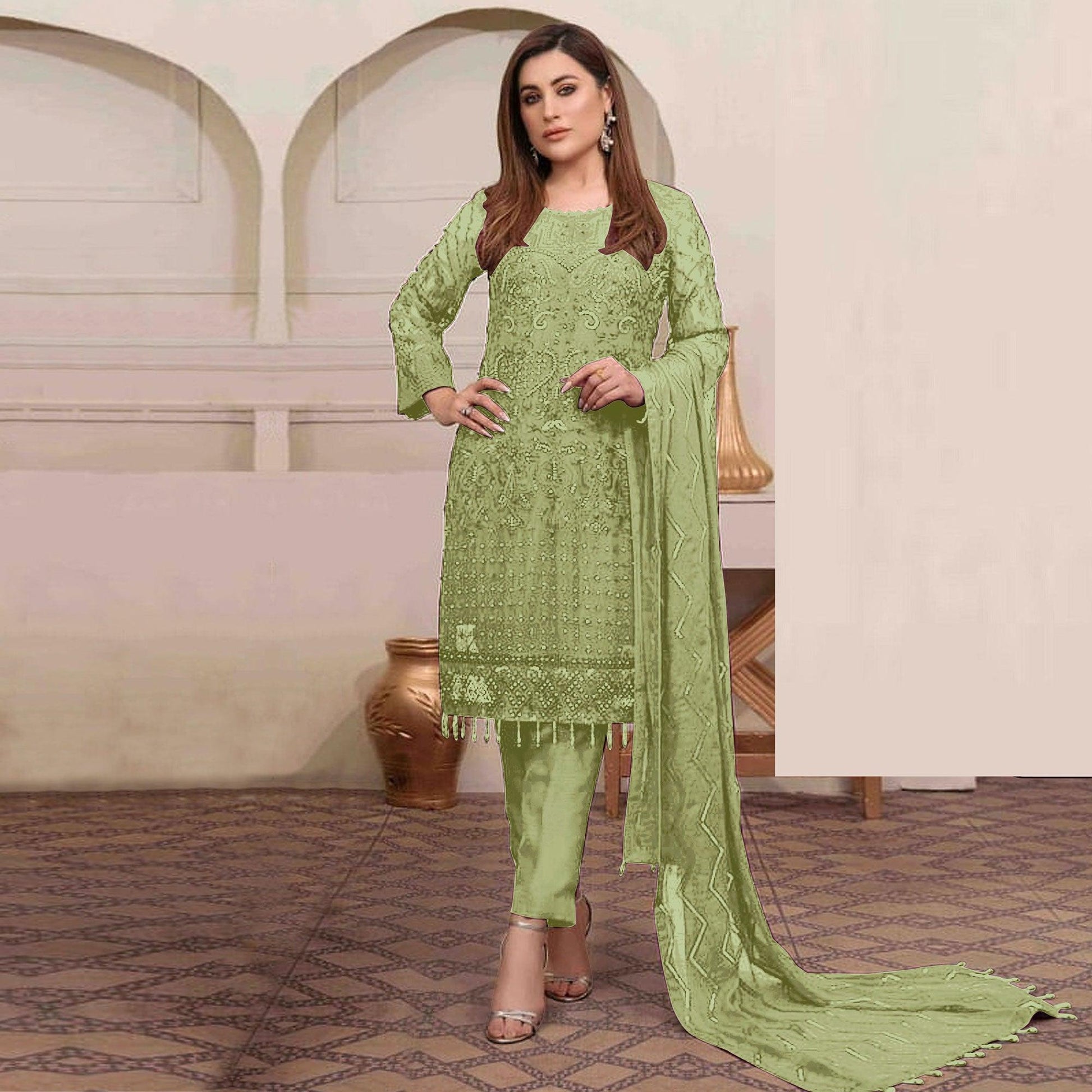 Light Green Embroidered Georgette Pakistani Suit