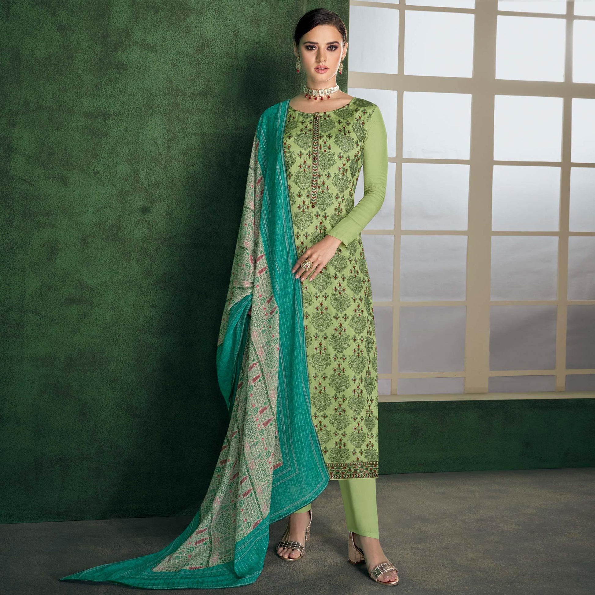 Light Green Embroidered Heavy Faux Georgette Partywear Suit
