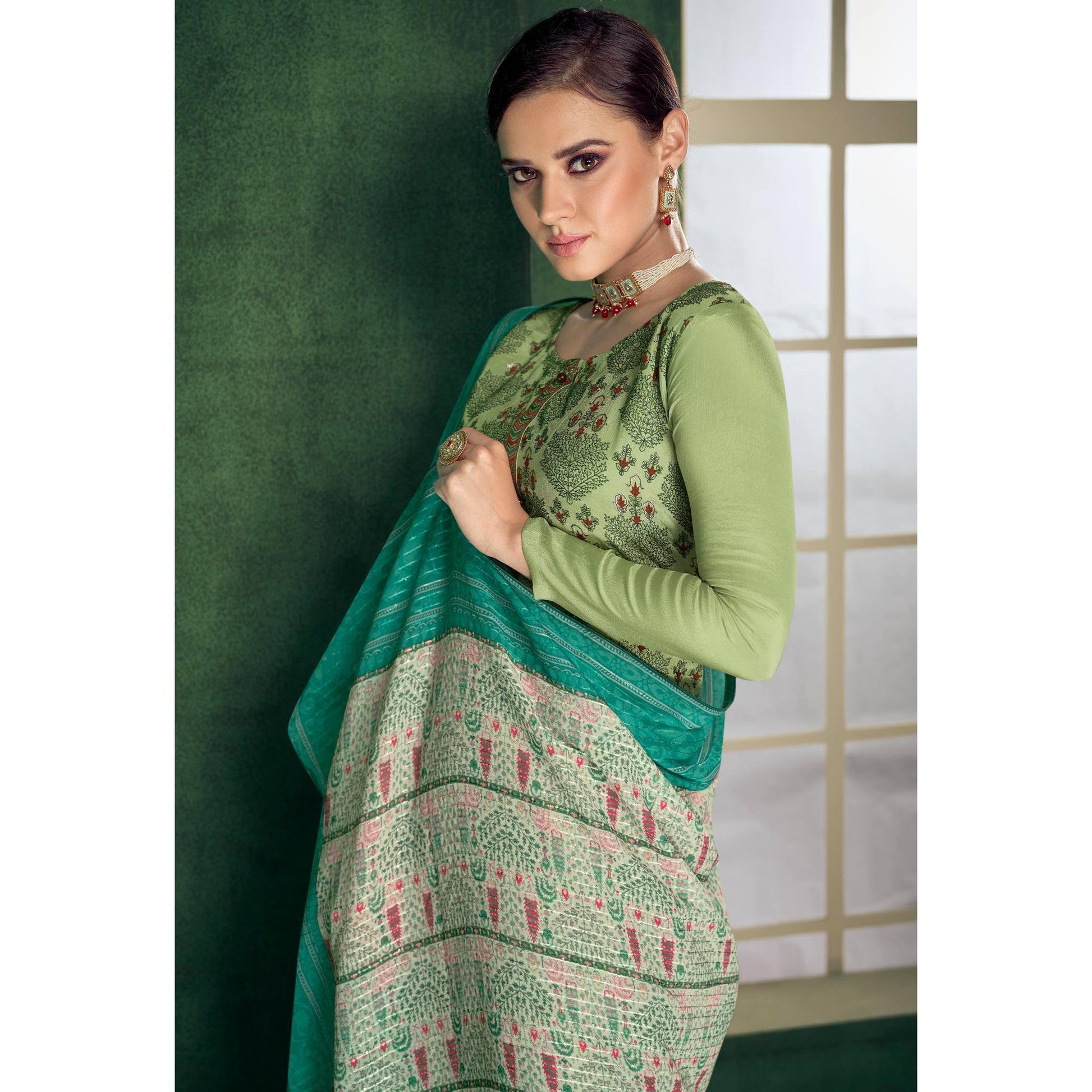 Light Green Embroidered Heavy Faux Georgette Partywear Suit
