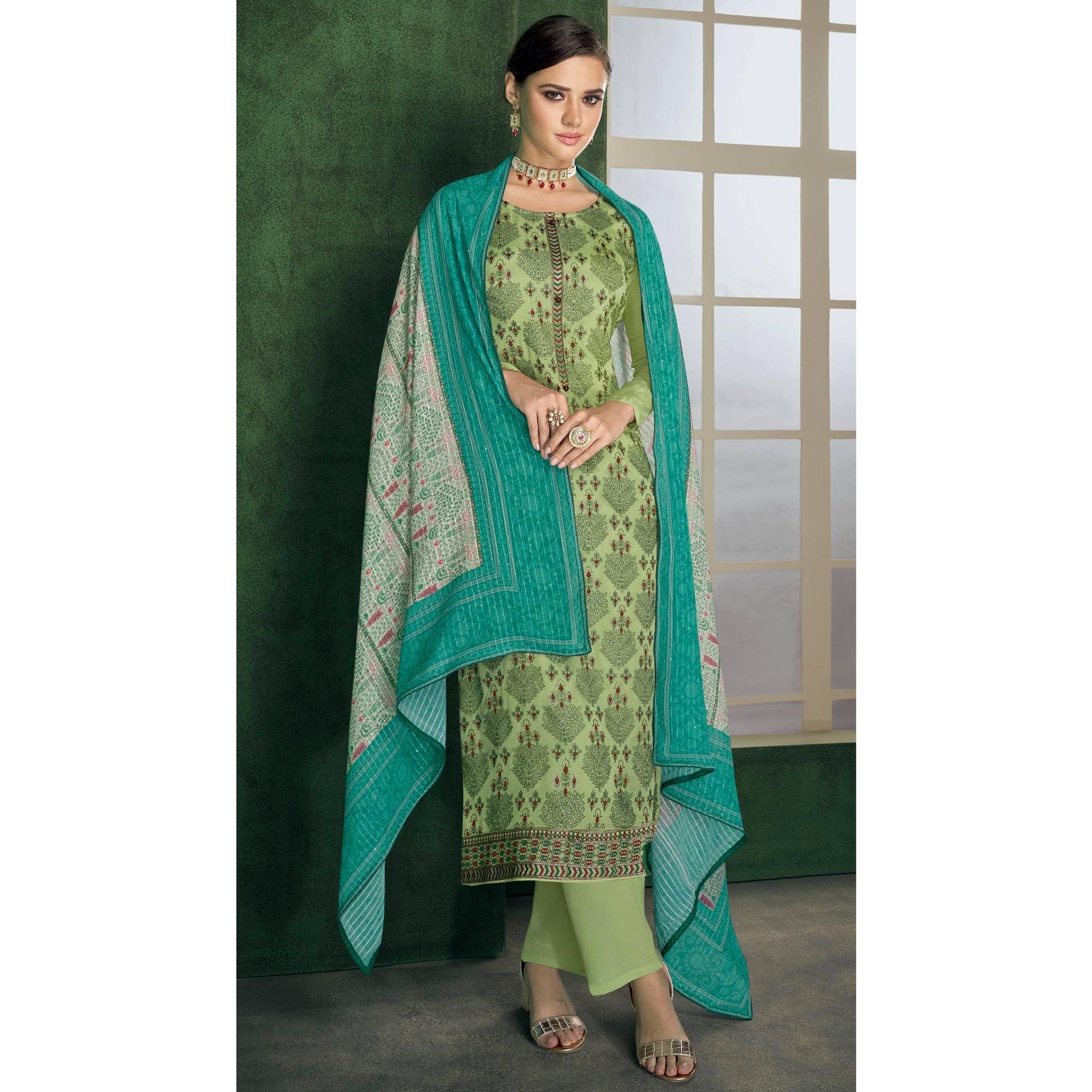 Light Green Embroidered Heavy Faux Georgette Partywear Suit
