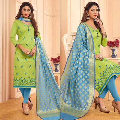 Light Green Embroidered Pure Cotton Dress Material